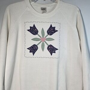 Vintage Sweatshirt Womans Sz 3X White Floral Quilt Applique 90's Grandma Core